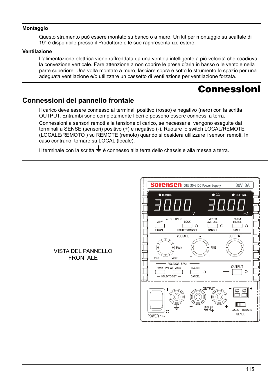 Montaggio, Ventilazione, Connessioni | Connessioni del pannello frontale | AMETEK XEL Series 60V and below User Manual | Page 119 / 186