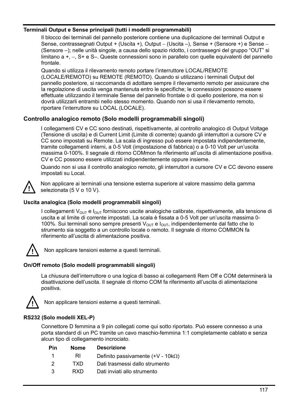 On/off remoto (solo modelli programmabili singoli), Rs232 (solo modelli xel-p), Descrizione | AMETEK XEL Series 60V and below User Manual | Page 121 / 186