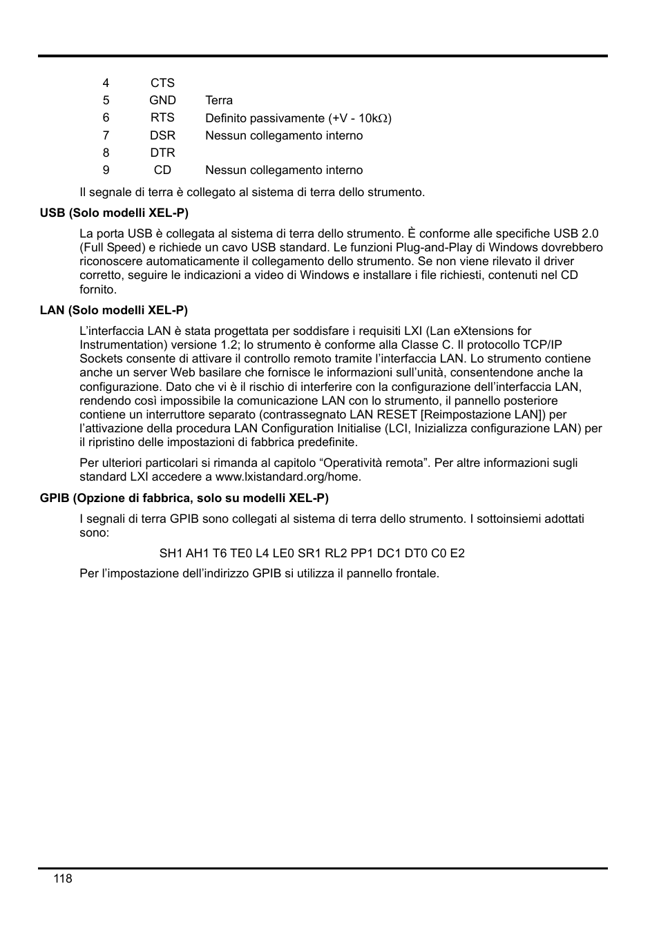 Usb (solo modelli xel-p), Lan (solo modelli xel-p), Gpib (opzione di fabbrica, solo su modelli xel-p) | AMETEK XEL Series 60V and below User Manual | Page 122 / 186