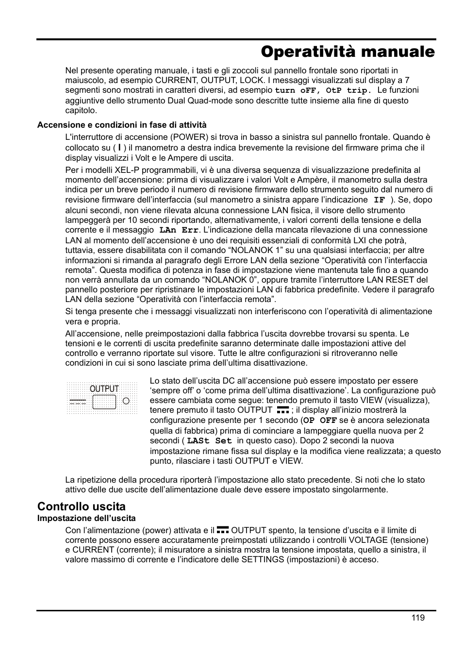 Operatività manuale, Accensione e condizioni in fase di attività, Controllo uscita | Impostazione dell’uscita | AMETEK XEL Series 60V and below User Manual | Page 123 / 186