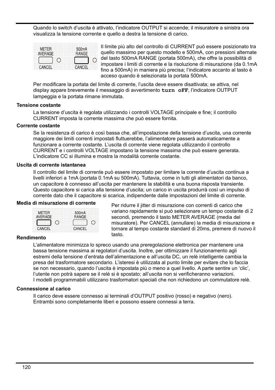 Tensione costante, Corrente costante, Uscita di corrente istantanea | Media di misurazione di corrente, Rendimento, Connessione al carico | AMETEK XEL Series 60V and below User Manual | Page 124 / 186