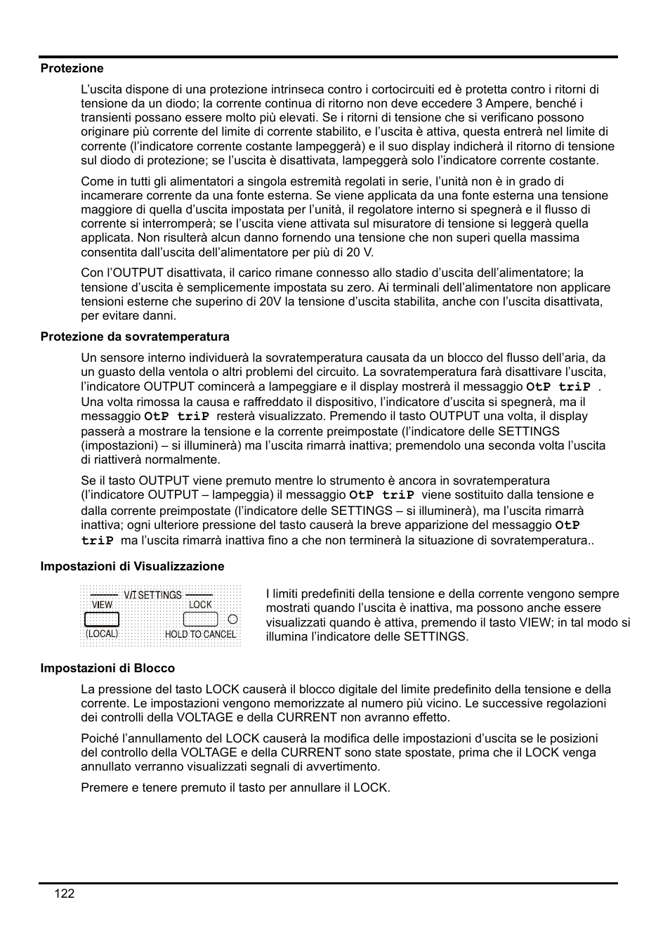 Protezione, Protezione da sovratemperatura, Impostazioni di visualizzazione | Impostazioni di blocco | AMETEK XEL Series 60V and below User Manual | Page 126 / 186
