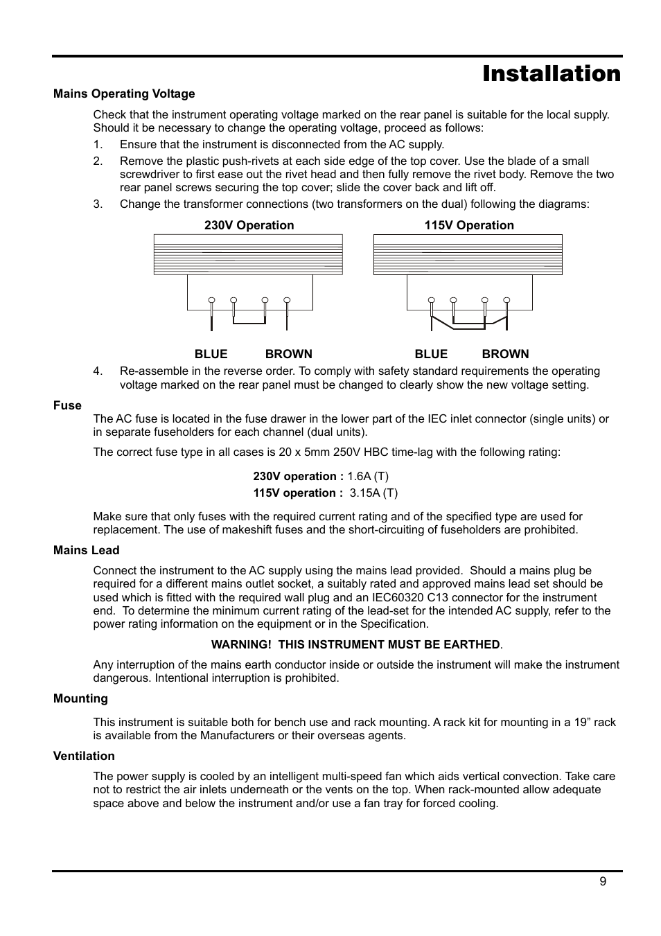 Installation, Mains operating voltage, Fuse | Mains lead, Mounting, Ventilation | AMETEK XEL Series 60V and below User Manual | Page 13 / 186
