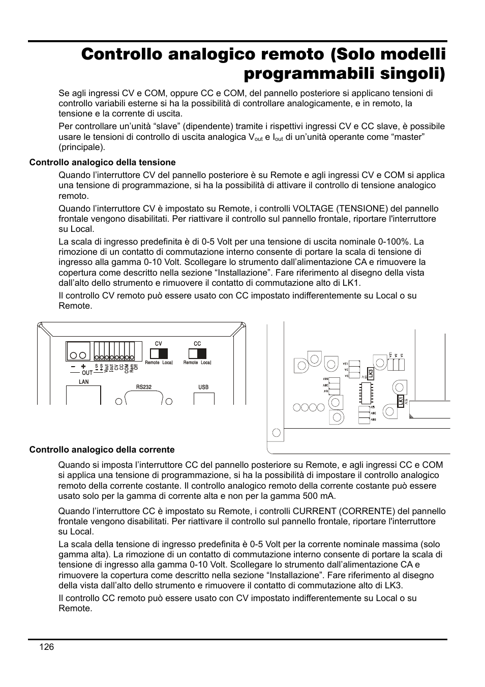 Controllo analogico della tensione, Controllo analogico della corrente | AMETEK XEL Series 60V and below User Manual | Page 130 / 186