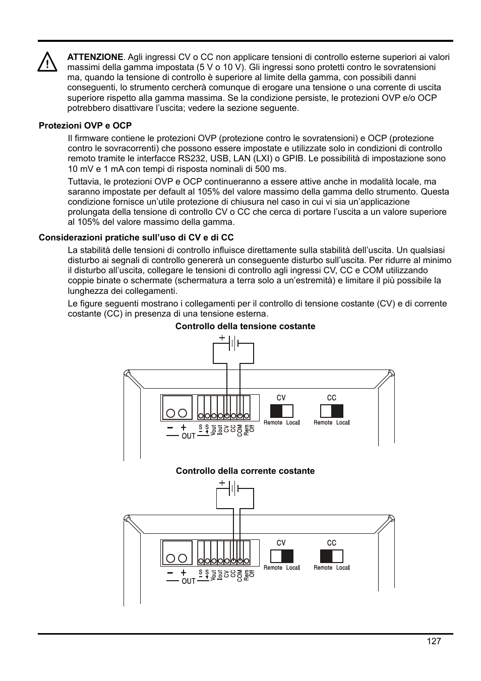 Protezioni ovp e ocp, Considerazioni pratiche sull’uso di cv e di cc | AMETEK XEL Series 60V and below User Manual | Page 131 / 186