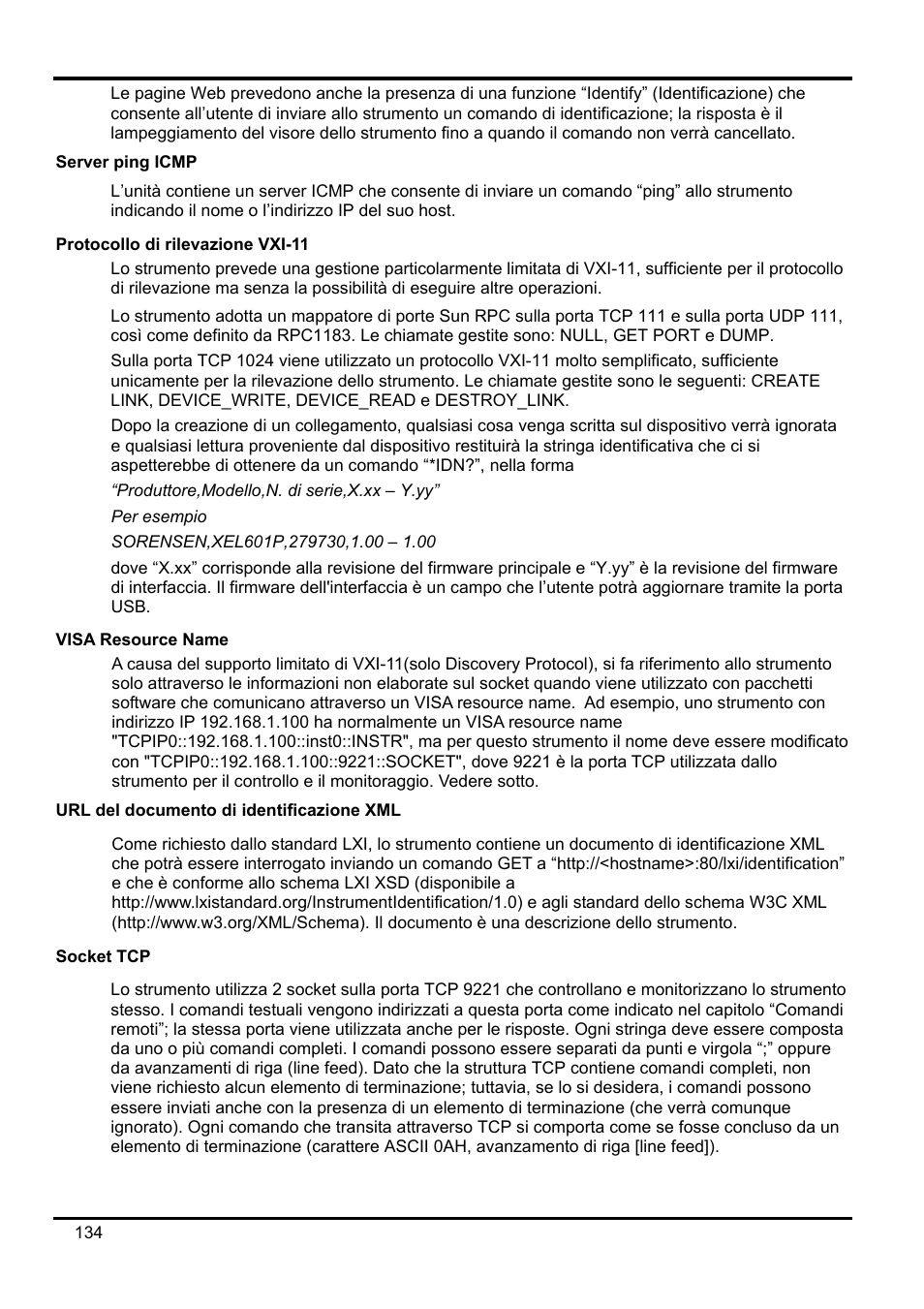 Server ping icmp, Protocollo di rilevazione vxi-11, Visa resource name | Url del documento di identificazione xml, Socket tcp | AMETEK XEL Series 60V and below User Manual | Page 138 / 186