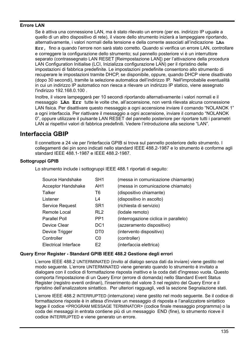 Errore lan, Interfaccia gbip, Sottogruppi gpib | AMETEK XEL Series 60V and below User Manual | Page 139 / 186