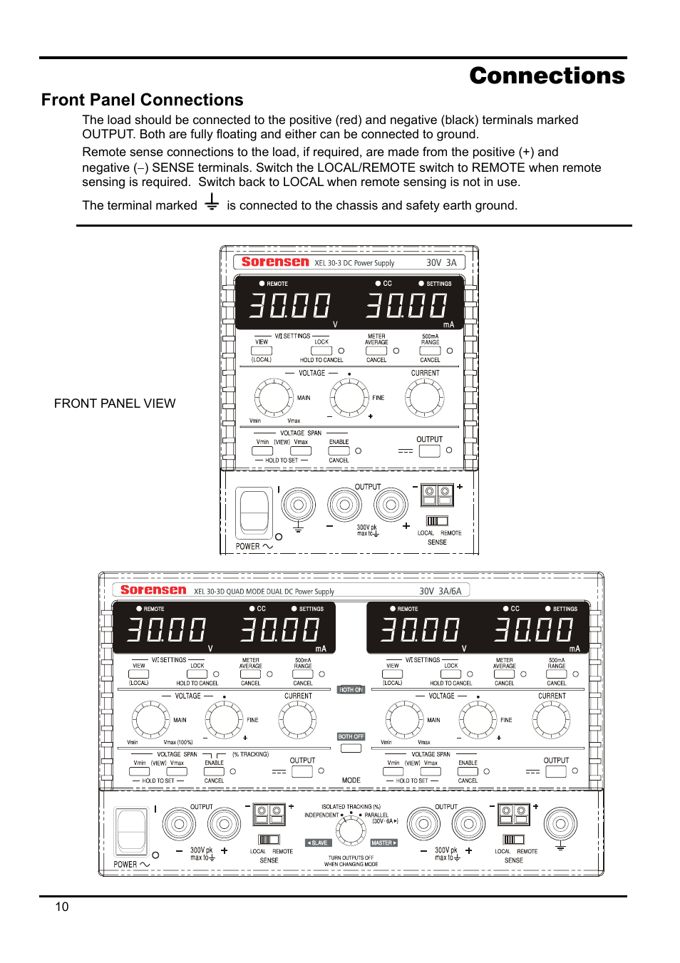 Connections, Front panel connections | AMETEK XEL Series 60V and below User Manual | Page 14 / 186