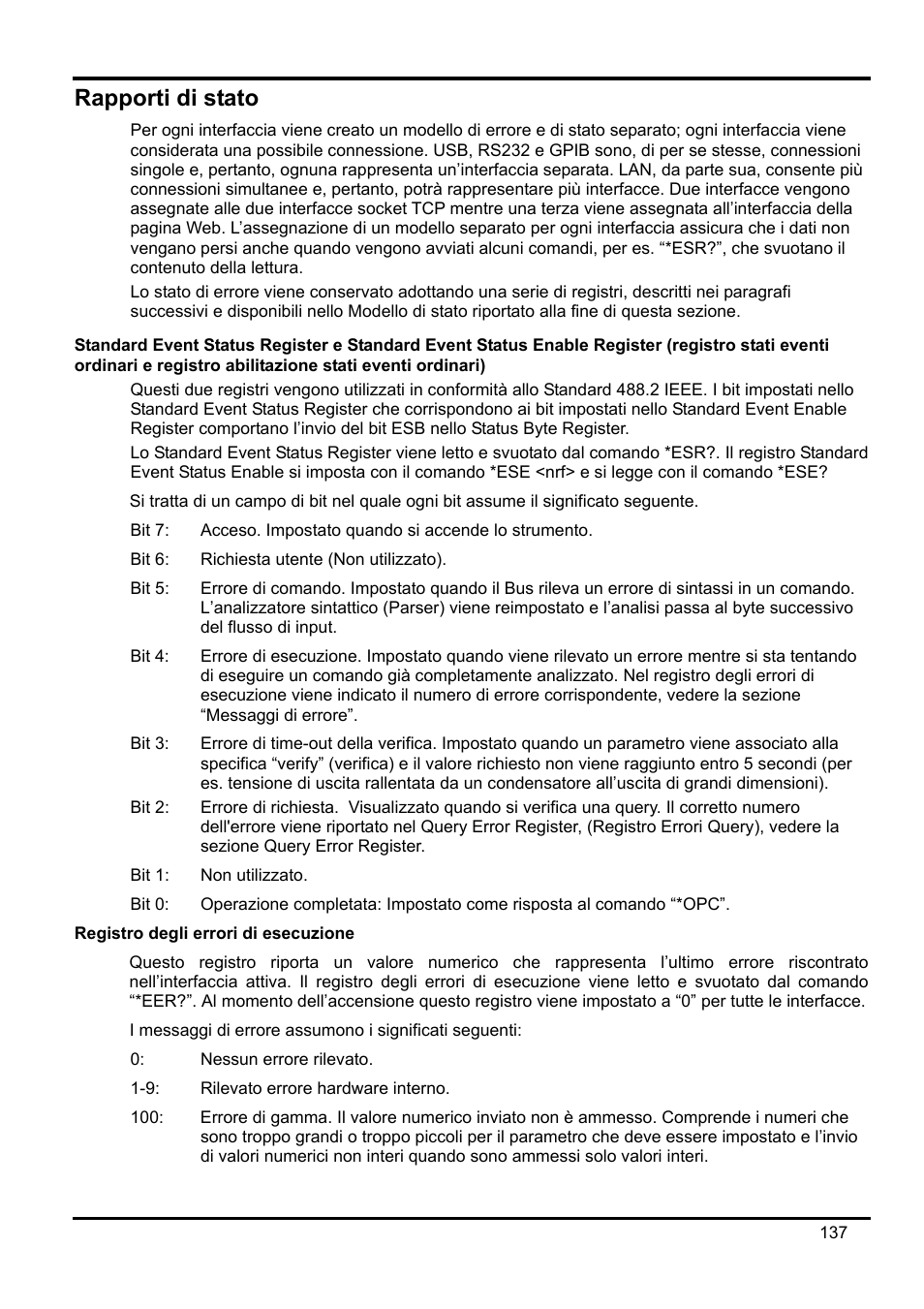 Rapporti di stato, Registro degli errori di esecuzione | AMETEK XEL Series 60V and below User Manual | Page 141 / 186