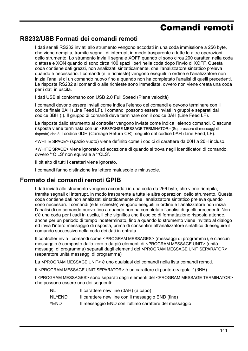 Comandi remoti, Rs232/usb formati dei comandi remoti, Formato dei comandi remoti gpib | AMETEK XEL Series 60V and below User Manual | Page 145 / 186