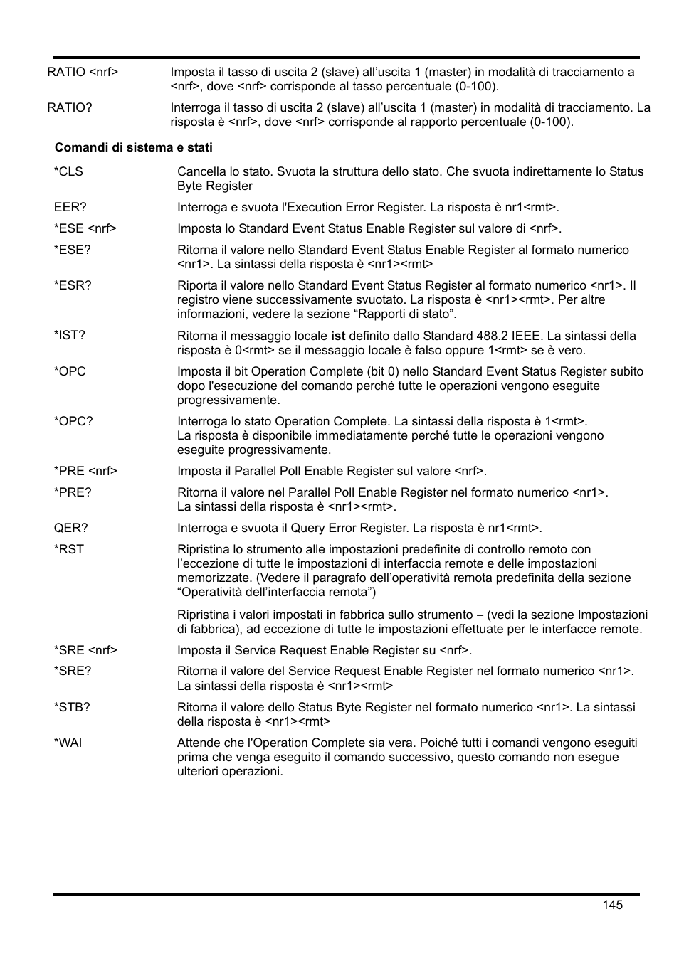 Comandi di sistema e stati, Ese <nrf, Pre <nrf | Sre <nrf | AMETEK XEL Series 60V and below User Manual | Page 149 / 186
