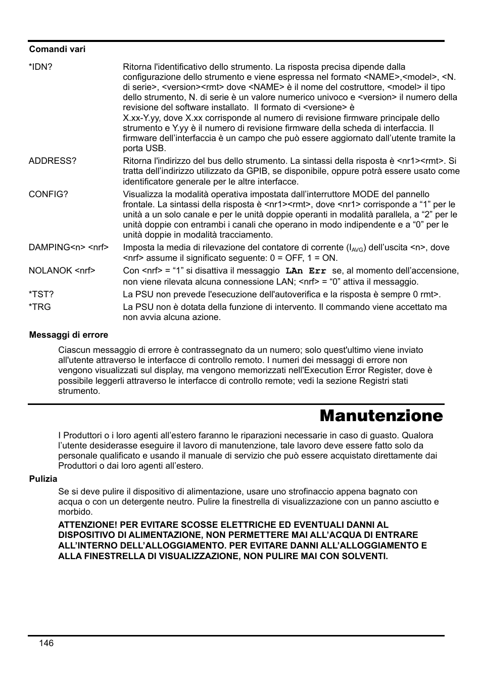Comandi vari, Messaggi di errore, Manutenzione | Pulizia | AMETEK XEL Series 60V and below User Manual | Page 150 / 186