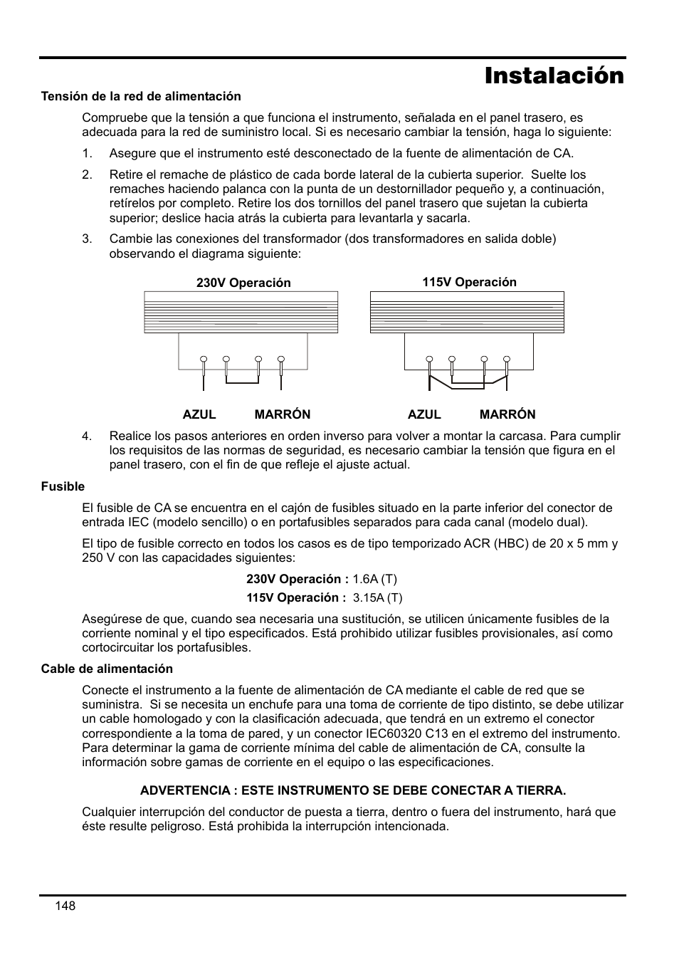 Instalación, Tensión de la red de alimentación, Fusible | Cable de alimentación | AMETEK XEL Series 60V and below User Manual | Page 152 / 186