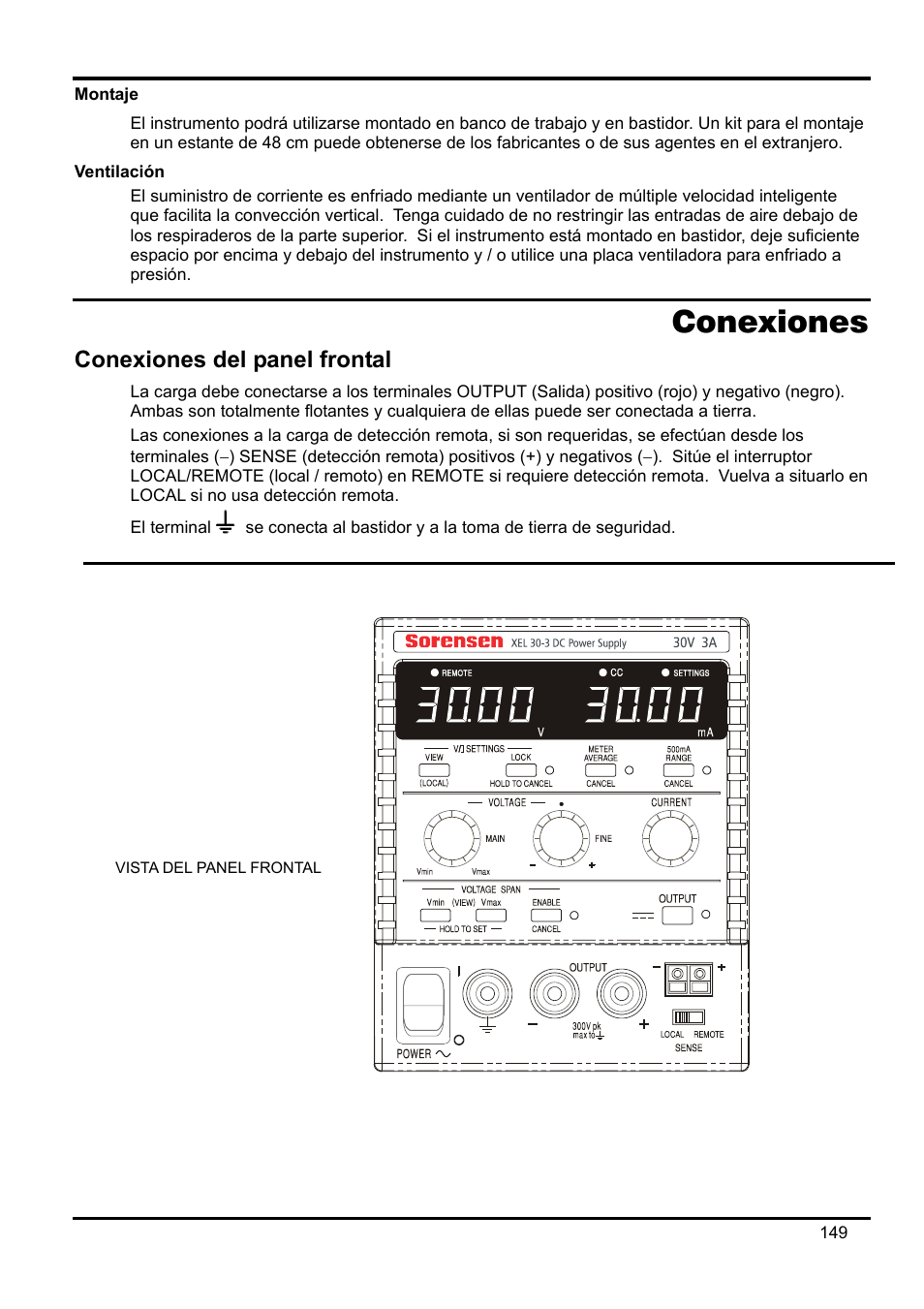 Montaje, Ventilación, Conexiones | Conexiones del panel frontal | AMETEK XEL Series 60V and below User Manual | Page 153 / 186