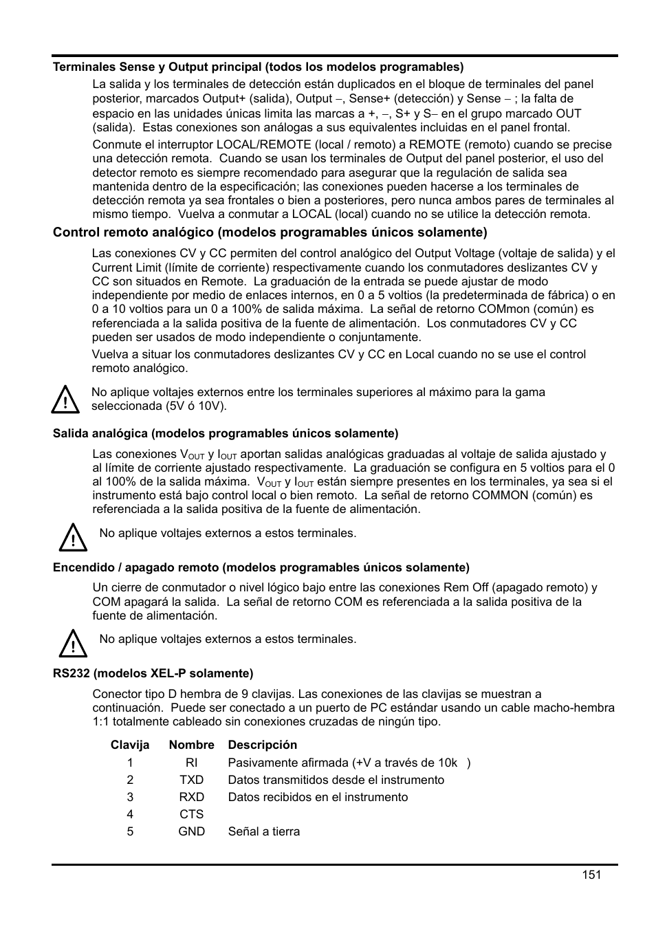Salida analógica \(modelos programables únicos, Encendido / apagado remoto \(modelos programable, Rs232 (modelos xel-p solamente) | Descripción | AMETEK XEL Series 60V and below User Manual | Page 155 / 186
