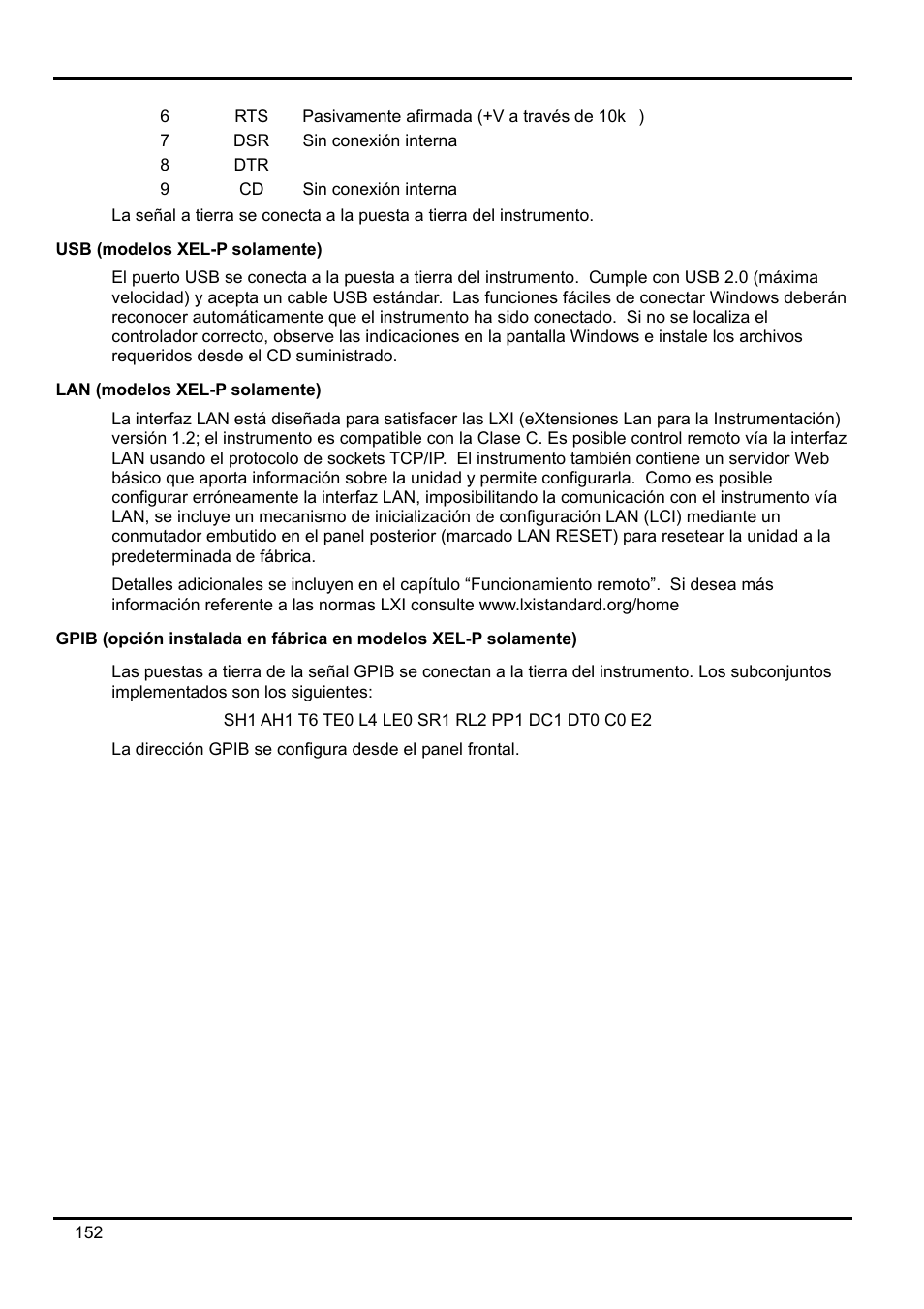 Usb (modelos xel-p solamente), Lan (modelos xel-p solamente), Gpib \(opción instalada en fábrica en modelos | AMETEK XEL Series 60V and below User Manual | Page 156 / 186