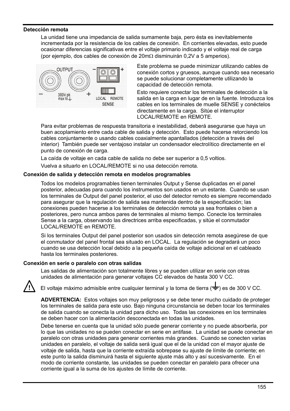 Detección remota, Conexión de salida y detección remota en modelos, Conexión en serie o paralelo con otras salidas | AMETEK XEL Series 60V and below User Manual | Page 159 / 186