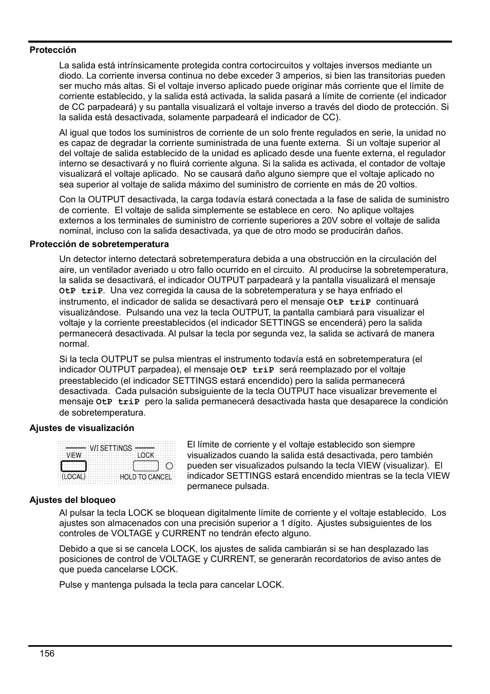 Protección, Protección de sobretemperatura, Ajustes de visualización | Ajustes del bloqueo | AMETEK XEL Series 60V and below User Manual | Page 160 / 186