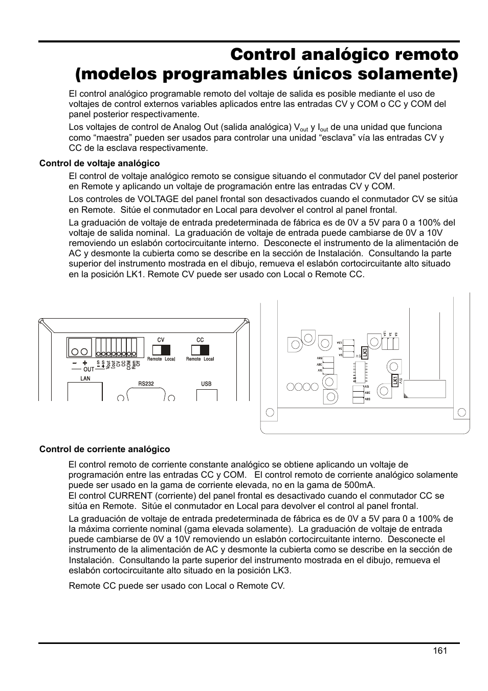 Control analógico remoto \(modelos programable, Control de voltaje analógico, Control de corriente analógico | Remote cc puede ser usado con local o remote cv | AMETEK XEL Series 60V and below User Manual | Page 165 / 186