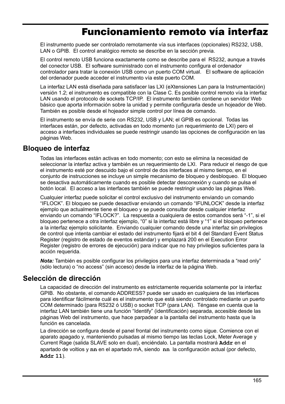 Funcionamiento remoto vía interfaz, Bloqueo de interfaz, Selección de dirección | AMETEK XEL Series 60V and below User Manual | Page 169 / 186