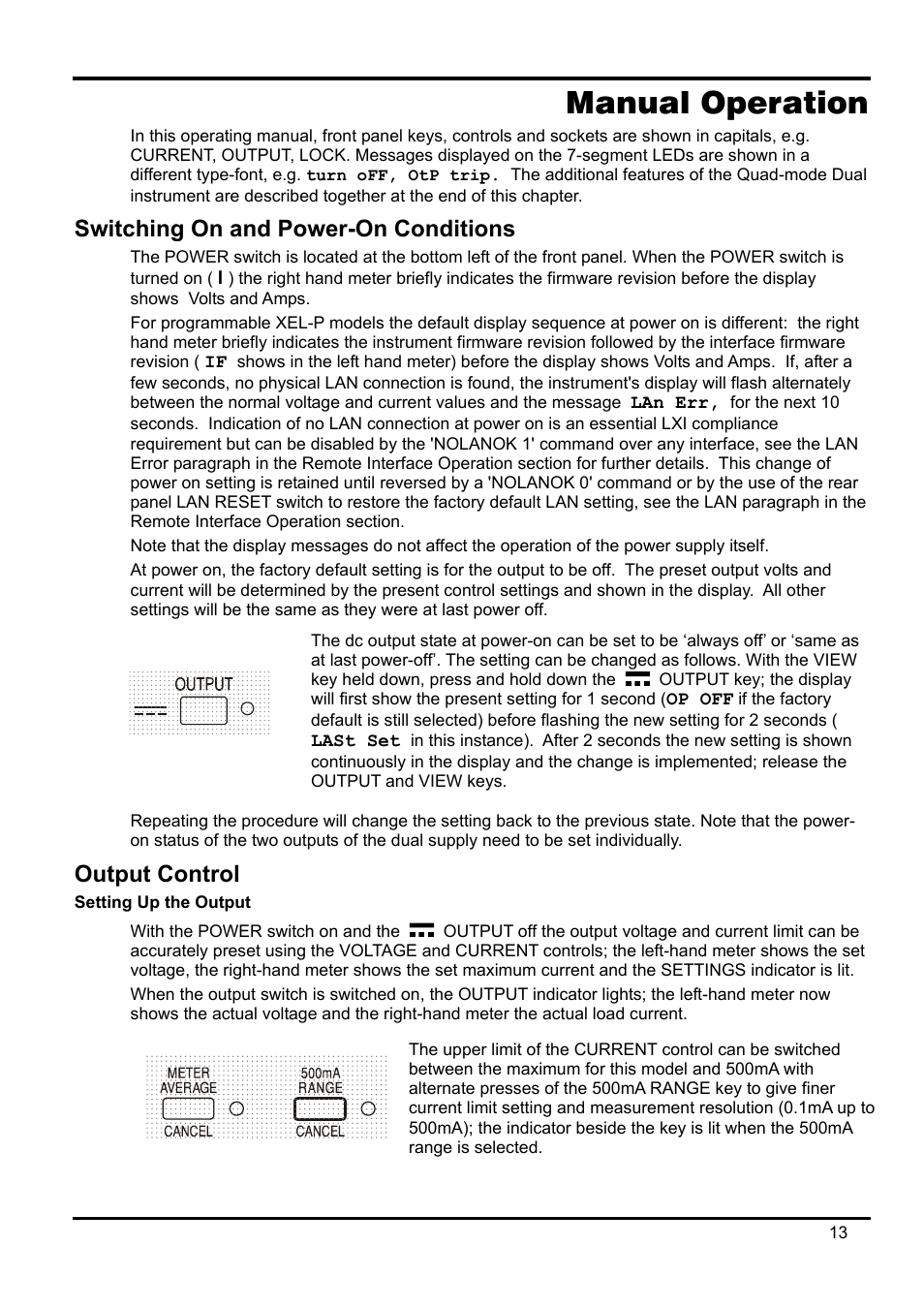 Manual operation, Switching on and power-on conditions, Output control | Setting up the output | AMETEK XEL Series 60V and below User Manual | Page 17 / 186