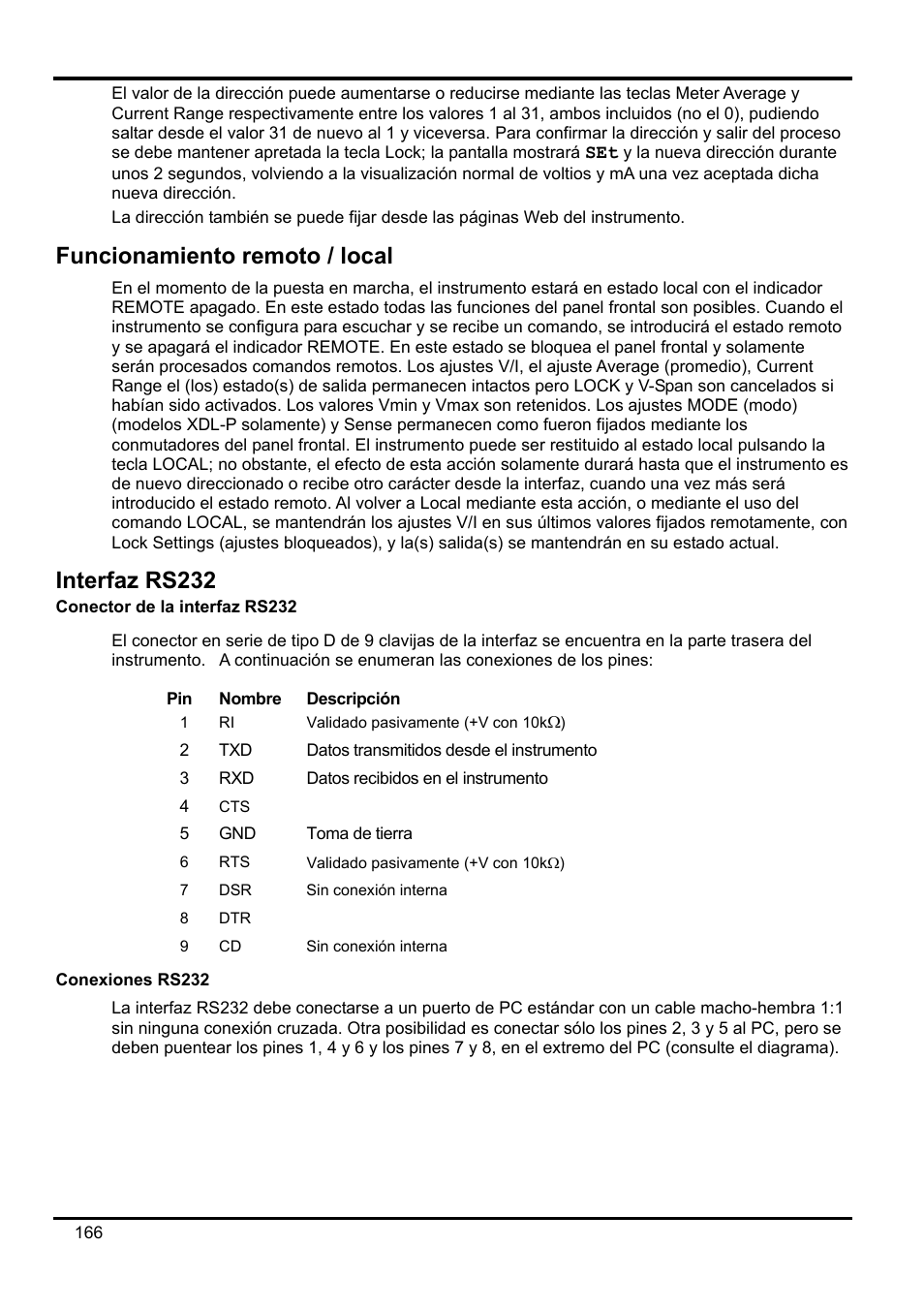 Funcionamiento remoto / local, Interfaz rs232, Conector de la interfaz rs232 | Conexiones rs232 | AMETEK XEL Series 60V and below User Manual | Page 170 / 186