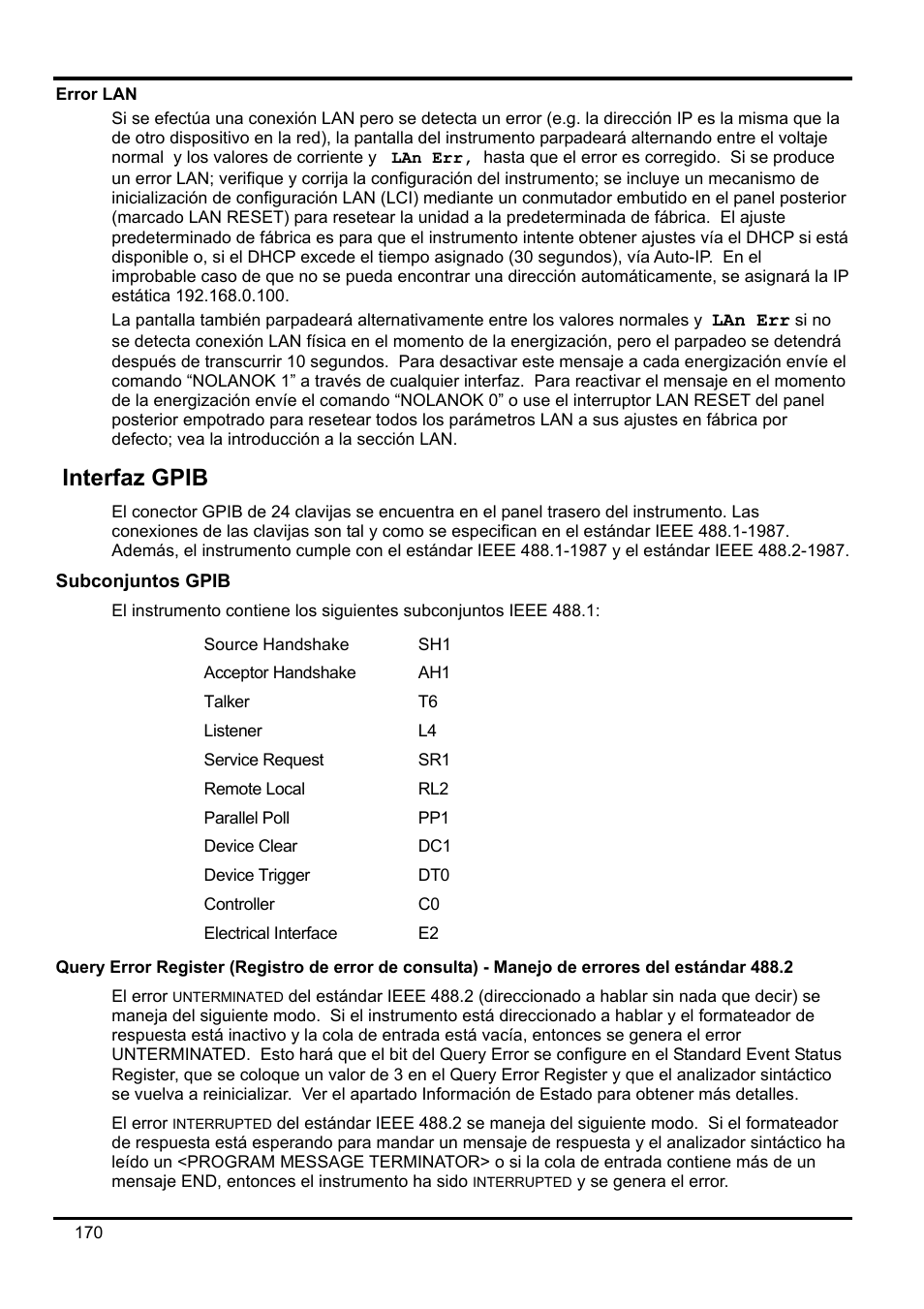 Error lan, Interfaz gpib, Subconjuntos gpib | Query error register \(registro de error de cons | AMETEK XEL Series 60V and below User Manual | Page 174 / 186