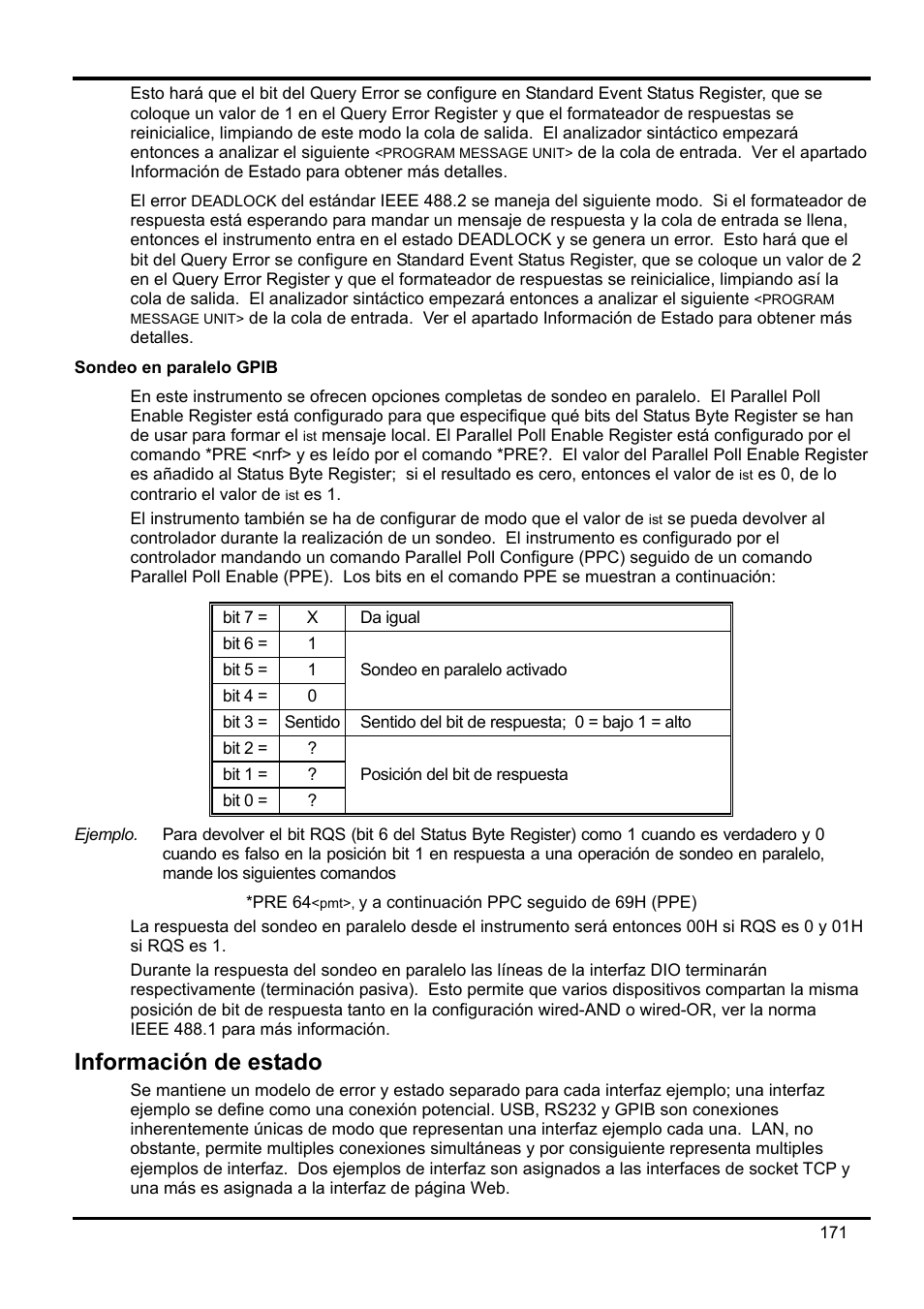 Sondeo en paralelo gpib, Información de estado | AMETEK XEL Series 60V and below User Manual | Page 175 / 186