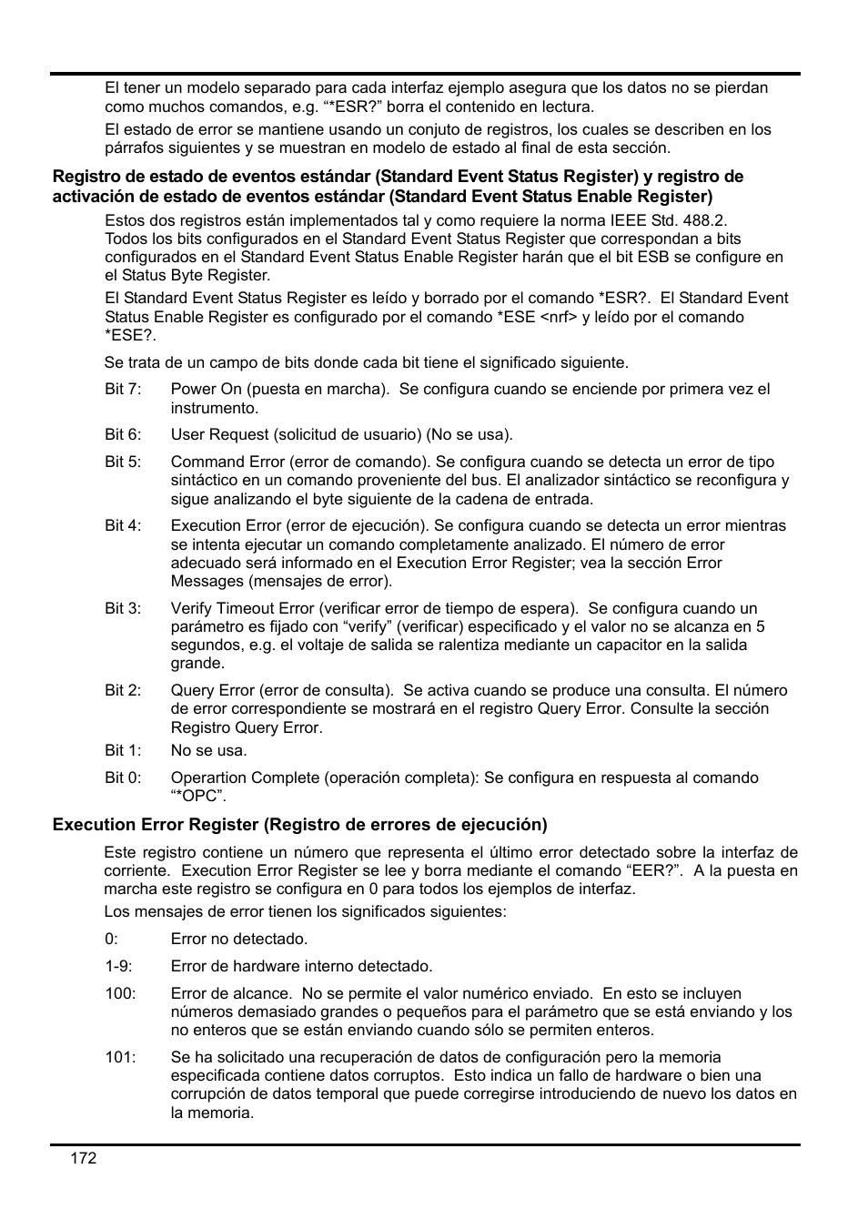 Registro de estado de eventos estándar \(standa, Execution error register \(registro de errores d | AMETEK XEL Series 60V and below User Manual | Page 176 / 186