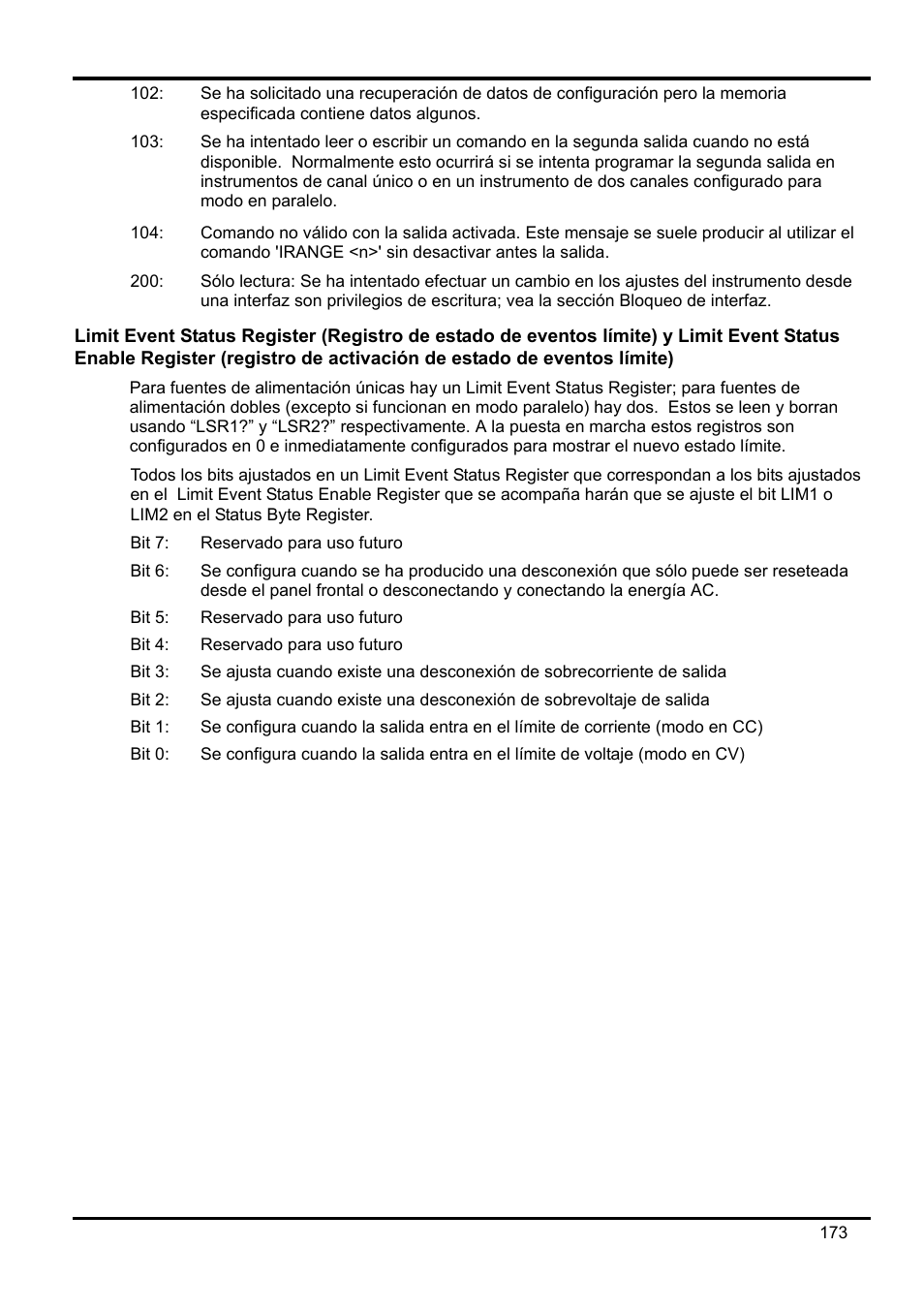 Limit event status register \(registro de estado | AMETEK XEL Series 60V and below User Manual | Page 177 / 186