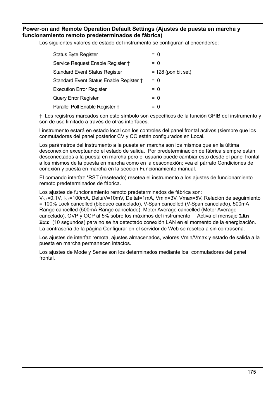 Power-on and remote operation default settings | AMETEK XEL Series 60V and below User Manual | Page 179 / 186