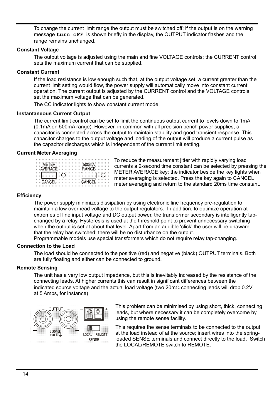 Constant voltage, Constant current, Instantaneous current output | Current meter averaging, Efficiency, Connection to the load, Remote sensing | AMETEK XEL Series 60V and below User Manual | Page 18 / 186