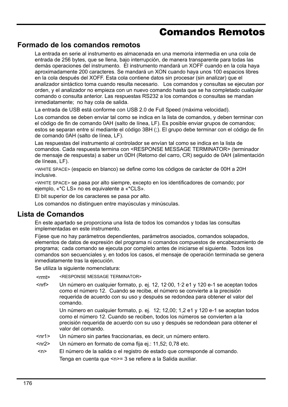Comandos remotos, Formado de los comandos remotos, Lista de comandos | AMETEK XEL Series 60V and below User Manual | Page 180 / 186