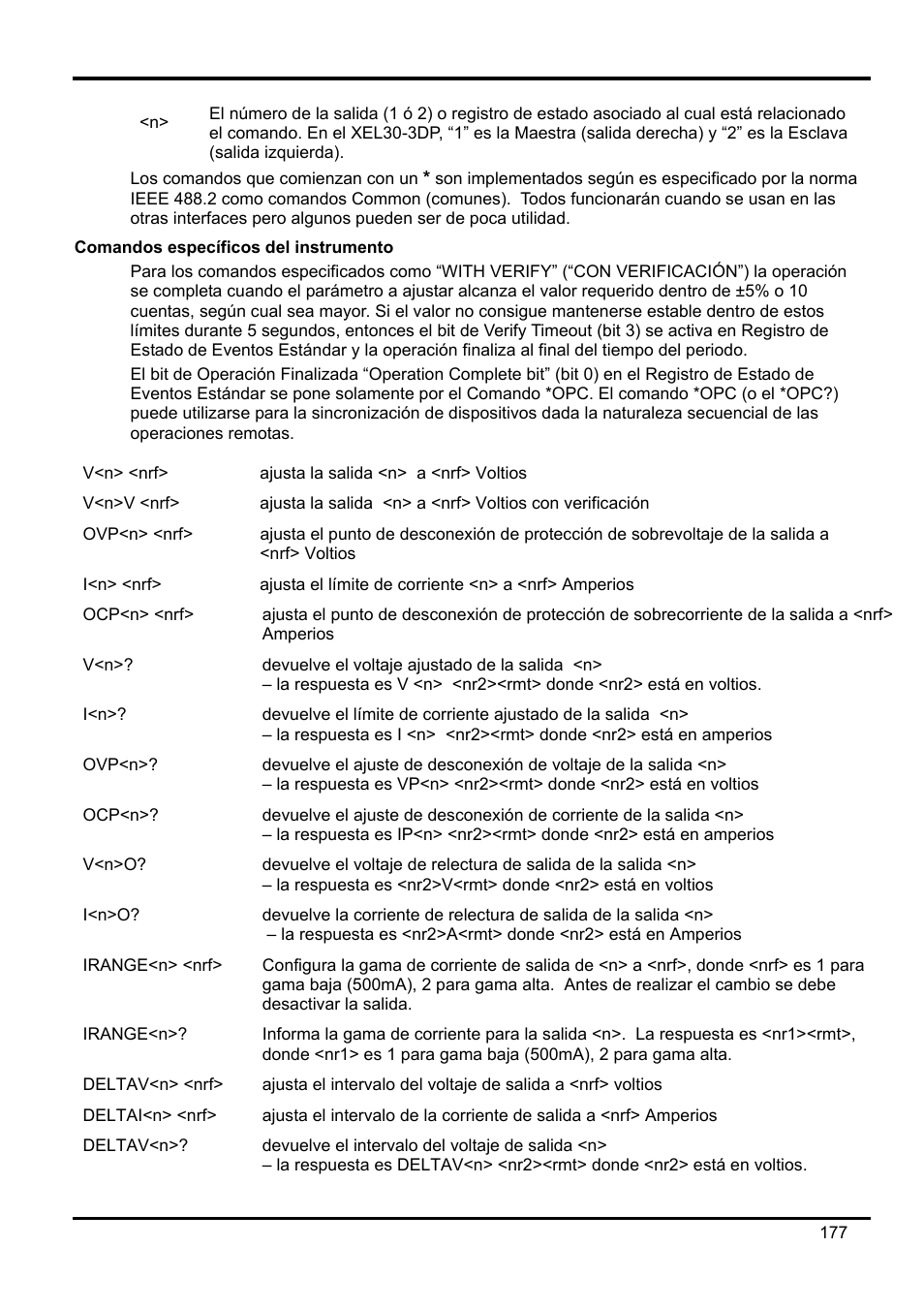 Comandos específicos del instrumento | AMETEK XEL Series 60V and below User Manual | Page 181 / 186