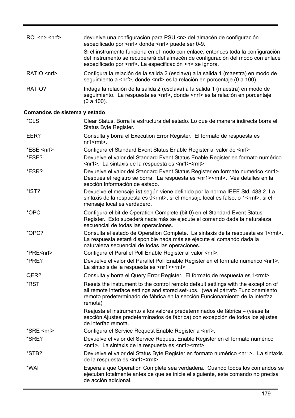 Comandos de sistema y estado, Pre<nrf, Sre <nrf | AMETEK XEL Series 60V and below User Manual | Page 183 / 186