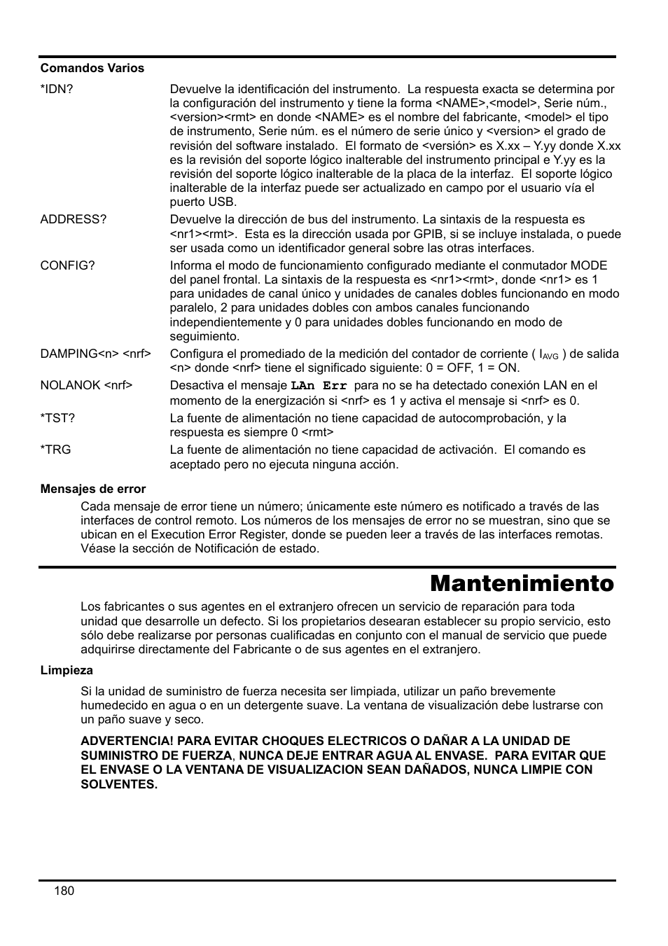 Comandos varios, Mensajes de error, Mantenimiento | Limpieza | AMETEK XEL Series 60V and below User Manual | Page 184 / 186