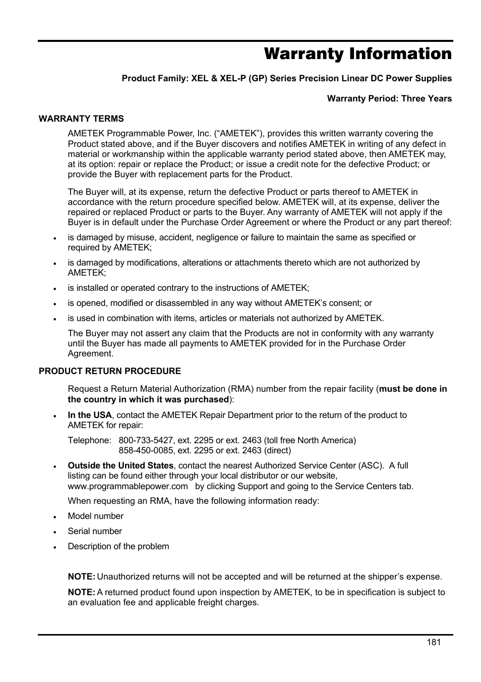 Warranty information | AMETEK XEL Series 60V and below User Manual | Page 185 / 186