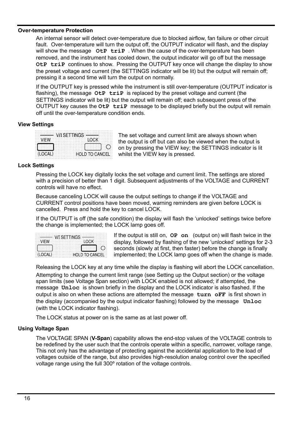 Over-temperature protection, View settings, Lock settings | Using voltage span | AMETEK XEL Series 60V and below User Manual | Page 20 / 186