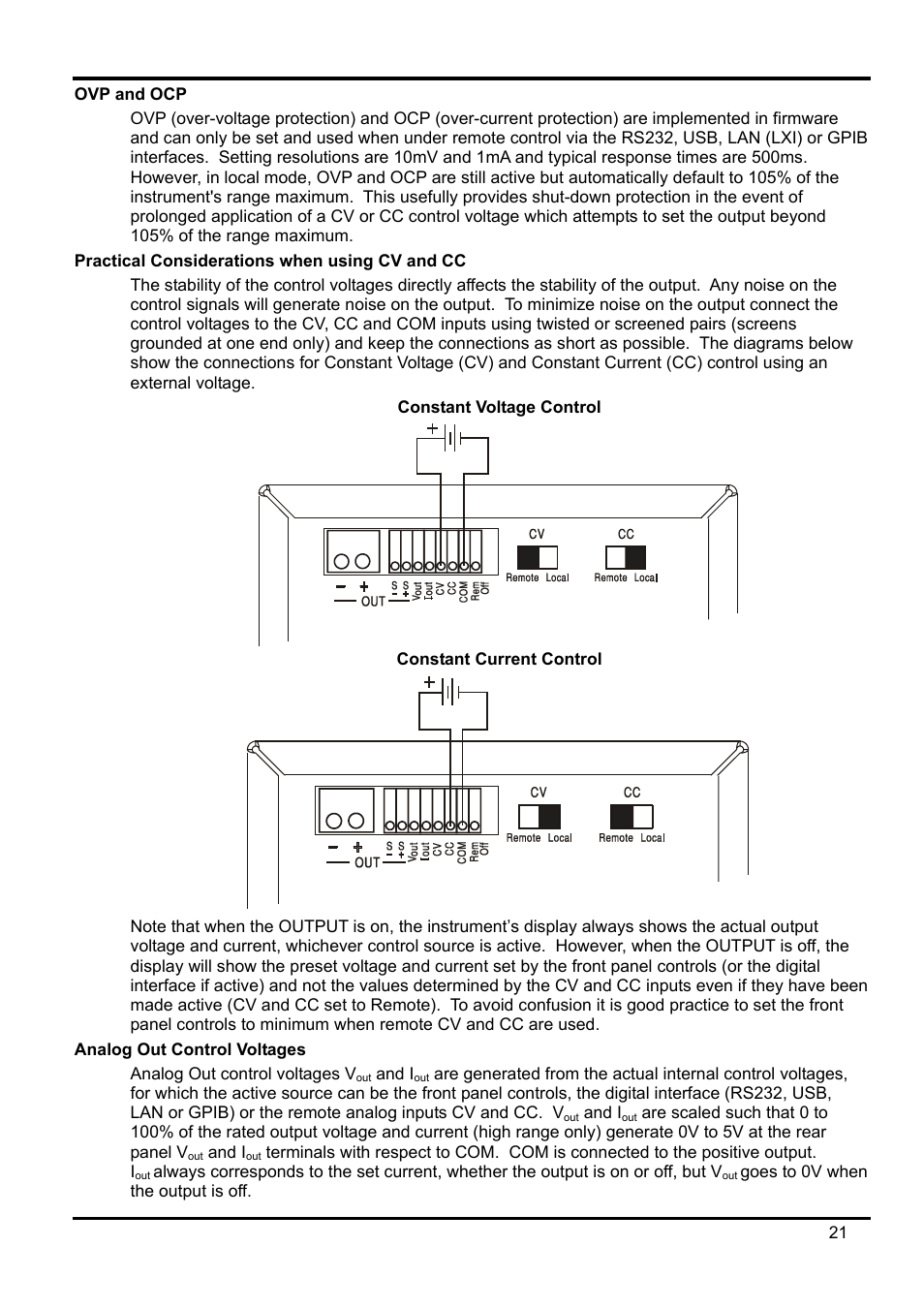 Ovp and ocp, Practical considerations when using cv and cc, Analog out control voltages | AMETEK XEL Series 60V and below User Manual | Page 25 / 186