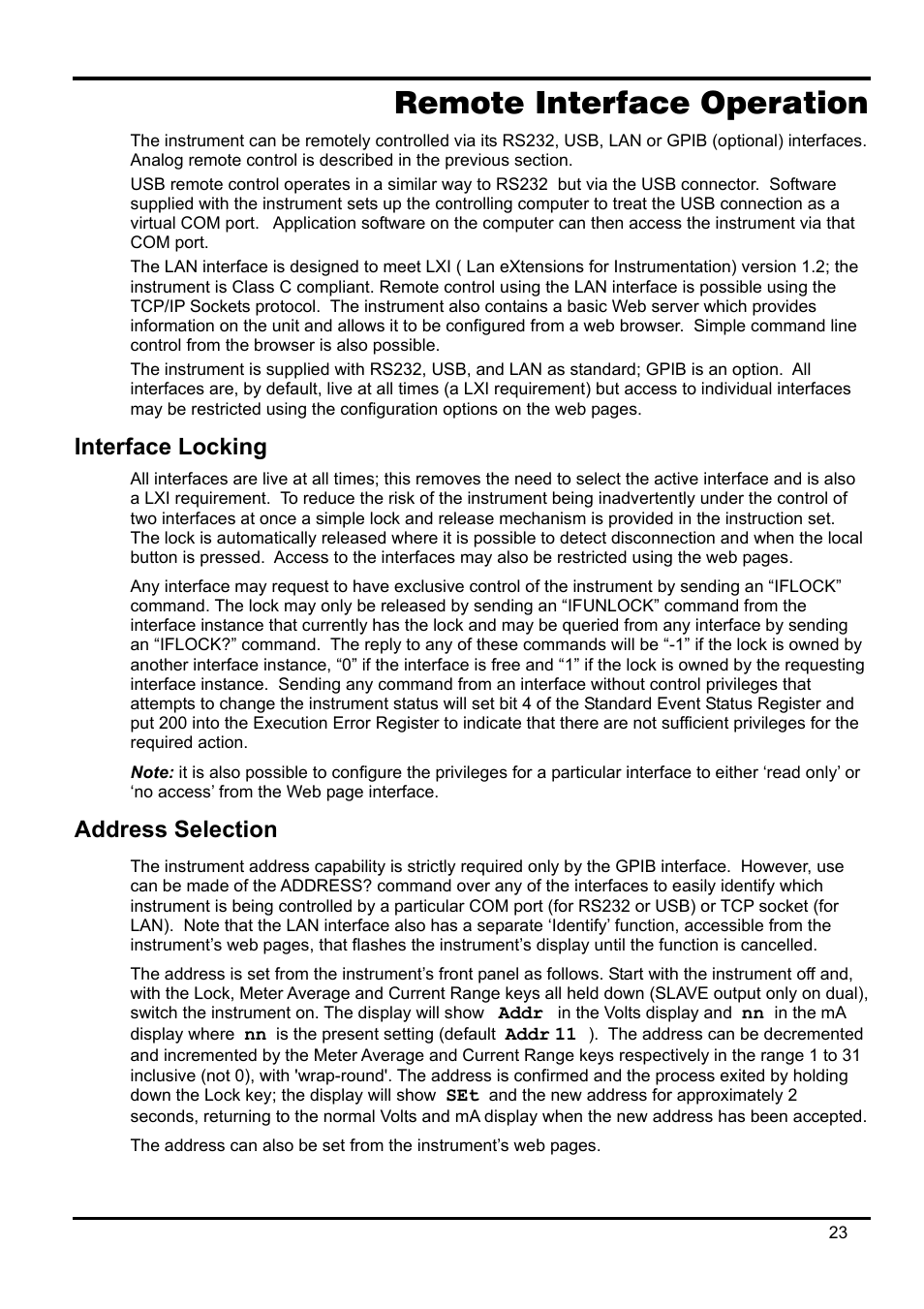 Remote interface operation, Interface locking, Address selection | AMETEK XEL Series 60V and below User Manual | Page 27 / 186