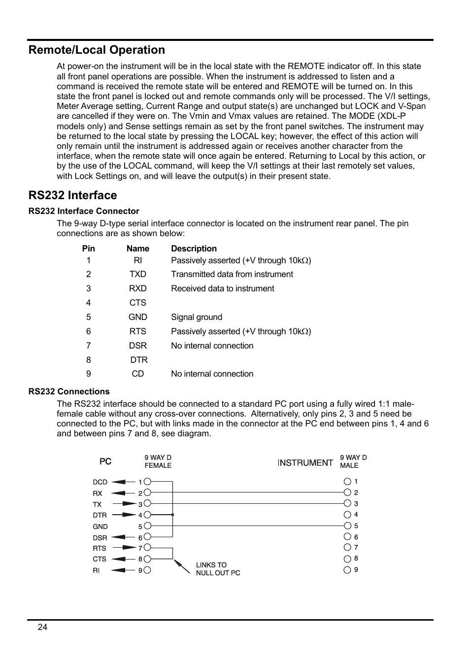 Remote/local operation, Rs232 interface, Rs232 interface connector | Rs232 connections | AMETEK XEL Series 60V and below User Manual | Page 28 / 186