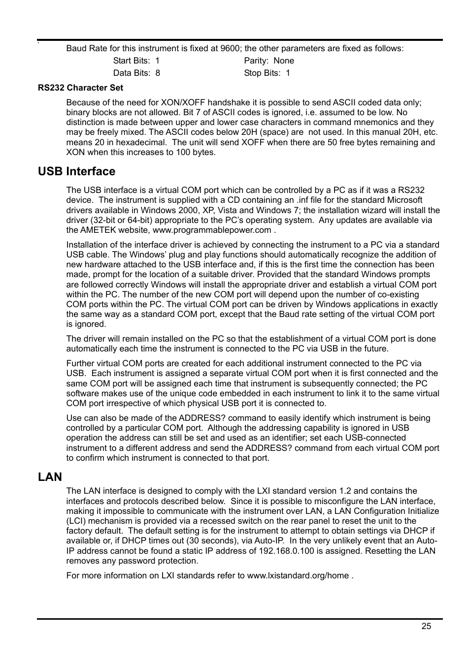 Rs232 character set, Usb interface | AMETEK XEL Series 60V and below User Manual | Page 29 / 186