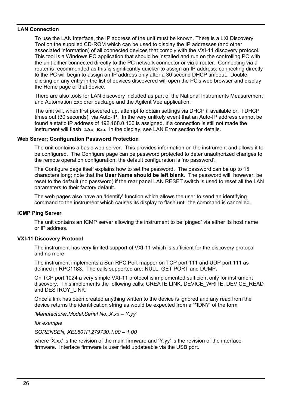 Lan connection, Web server; configuration password protection, Icmp ping server | Vxi-11 discovery protocol | AMETEK XEL Series 60V and below User Manual | Page 30 / 186