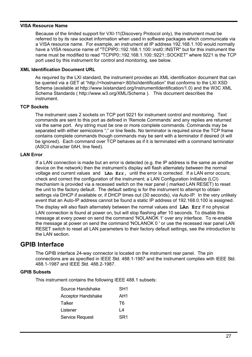 Visa resource name, Xml identification document url, Tcp sockets | Lan error, Gpib interface, Gpib subsets | AMETEK XEL Series 60V and below User Manual | Page 31 / 186