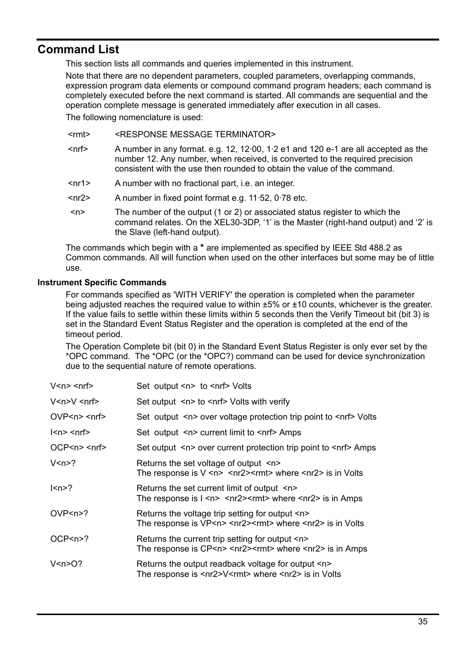 Command list, Instrument specific commands | AMETEK XEL Series 60V and below User Manual | Page 39 / 186