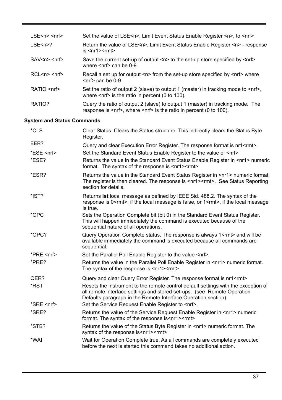 System and status commands, Pre <nrf, Sre <nrf | AMETEK XEL Series 60V and below User Manual | Page 41 / 186