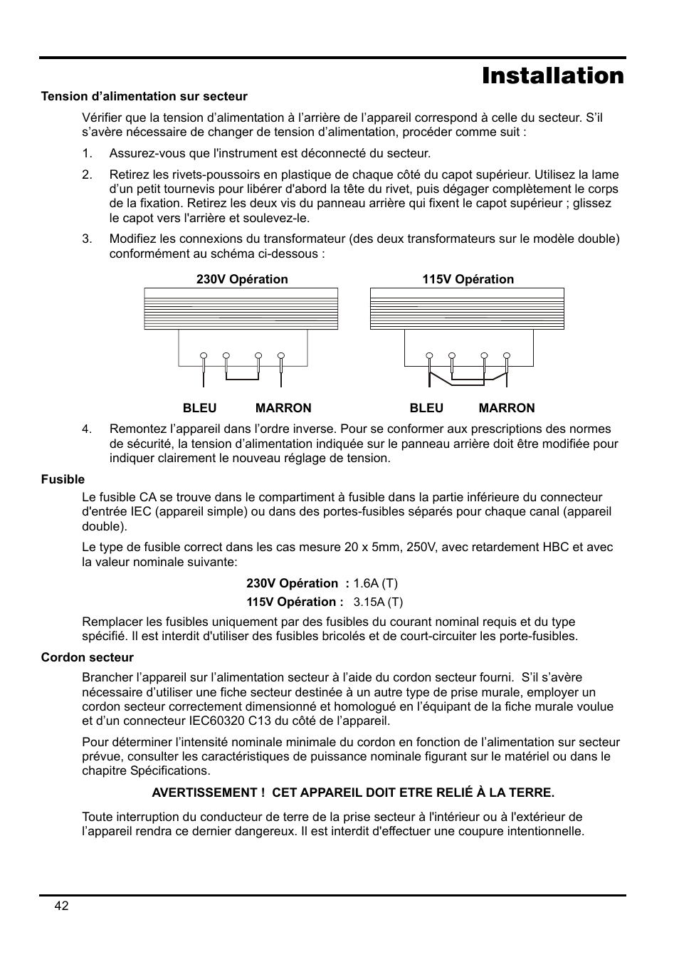 Installation, Tension d’alimentation sur secteur, Fusible | Cordon secteur | AMETEK XEL Series 60V and below User Manual | Page 46 / 186