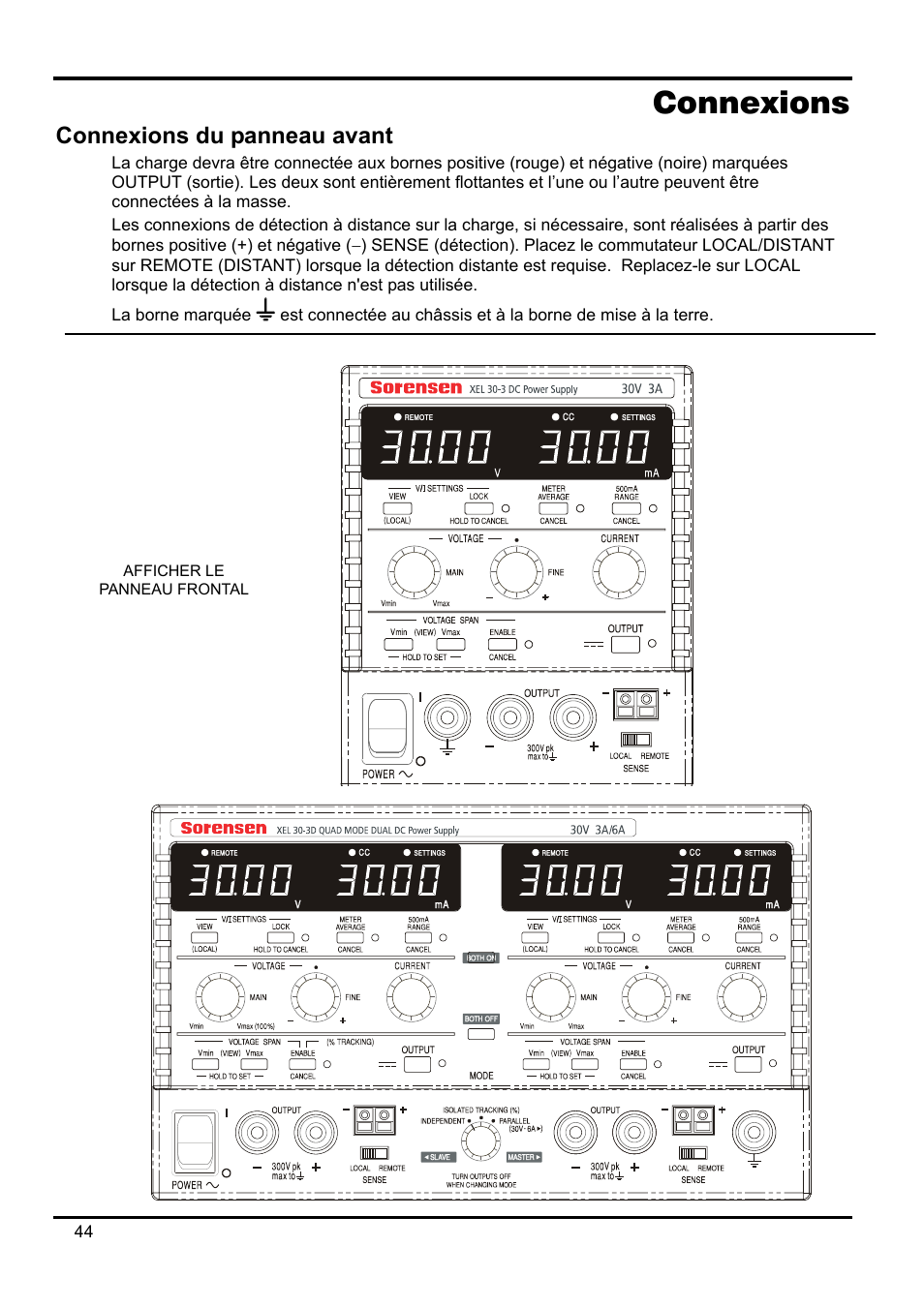 Connexions, Connexions du panneau avant | AMETEK XEL Series 60V and below User Manual | Page 48 / 186
