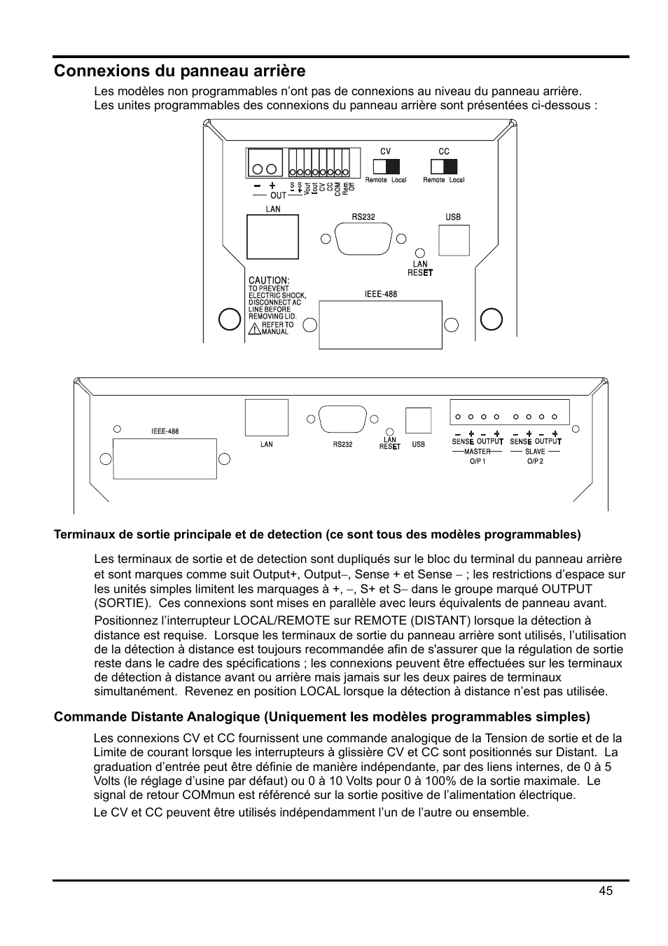 Connexions du panneau arrière, Terminaux de sortie principale et de detection | AMETEK XEL Series 60V and below User Manual | Page 49 / 186