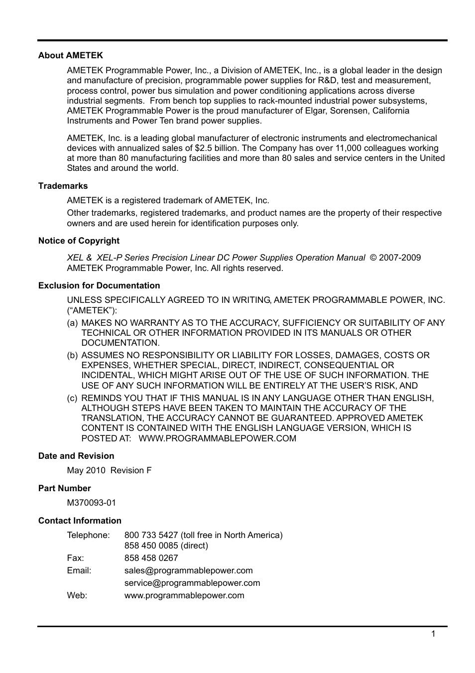 AMETEK XEL Series 60V and below User Manual | Page 5 / 186